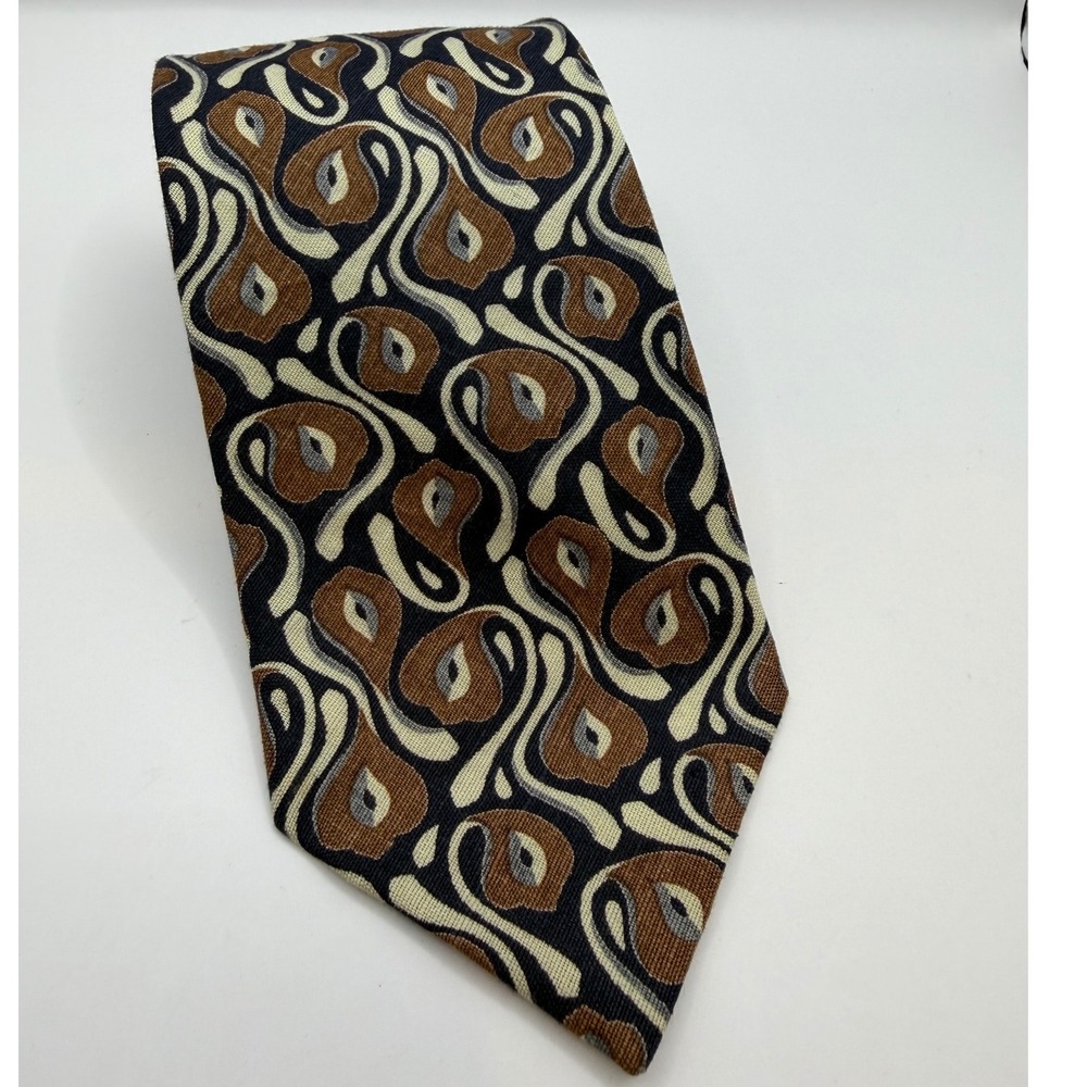 Giorgio Armani Cravatte Mens 100% Linen Tie Brown Navy Abstract Paisley Italy